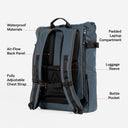 Back view of The Roll Top 20L backpack in Tasmin Blue with annotations of the product features