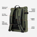 Back view of The Roll Top in Urban Green with annotations of key product features