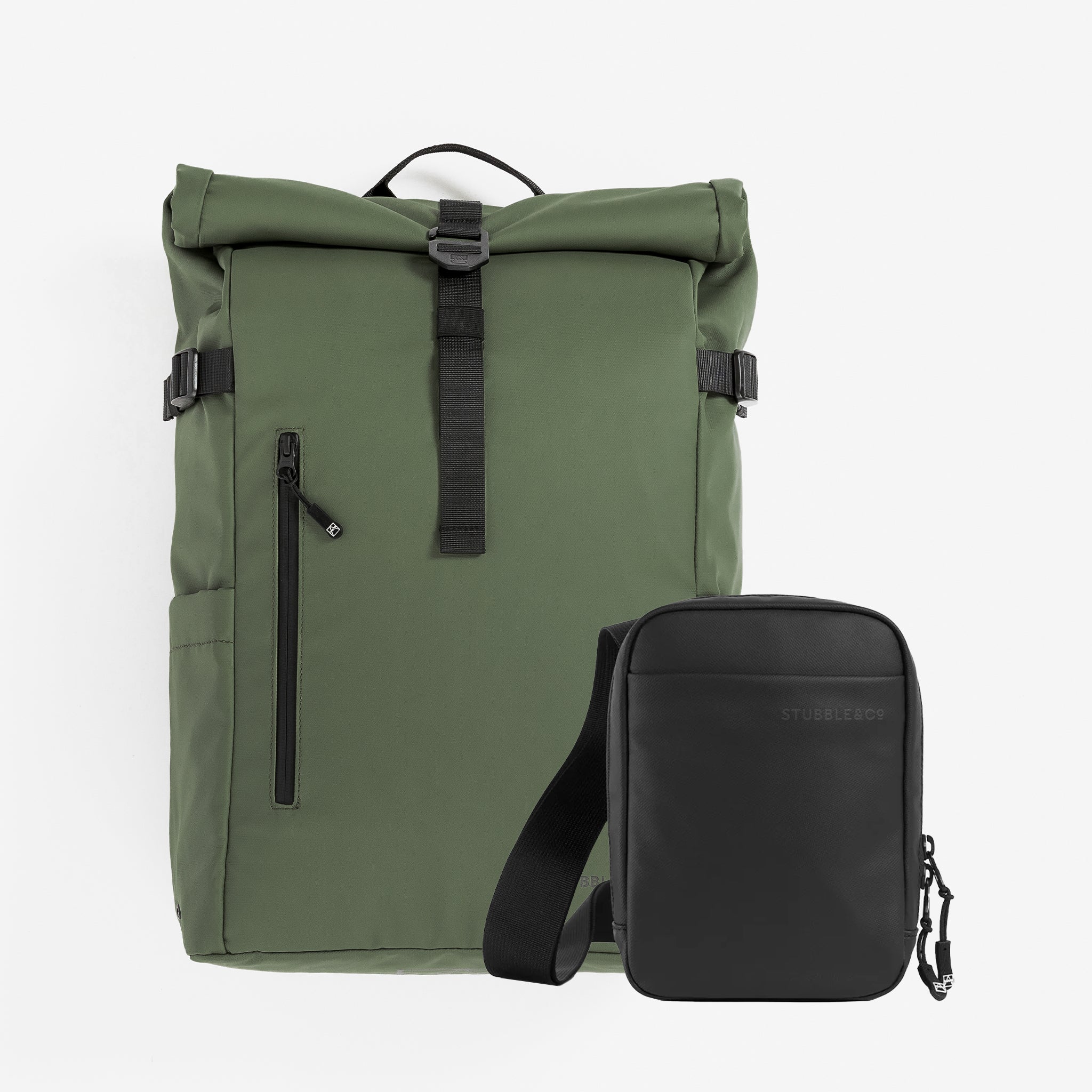 A studio shot of a Roll Top 20l in Urban Green / All Black Shoulder Bag