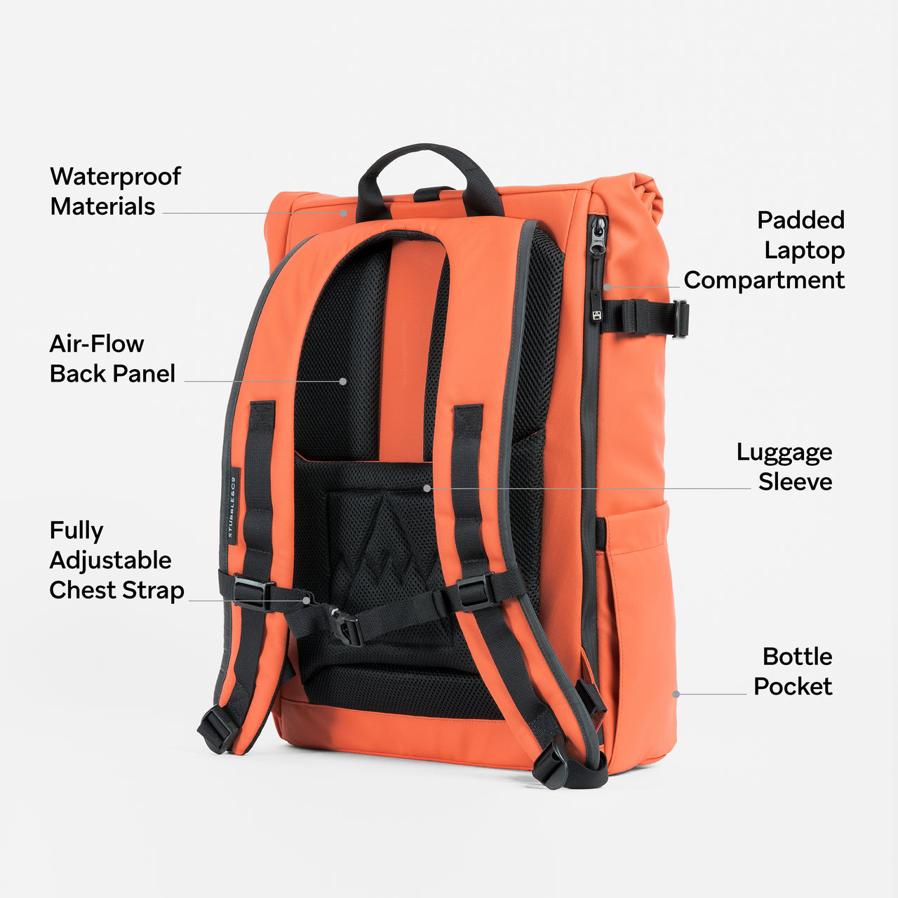 Back view of The Roll Top 20L backpack in Ember Orange