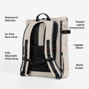 Back view of The Roll Top 20L backpack in Sand