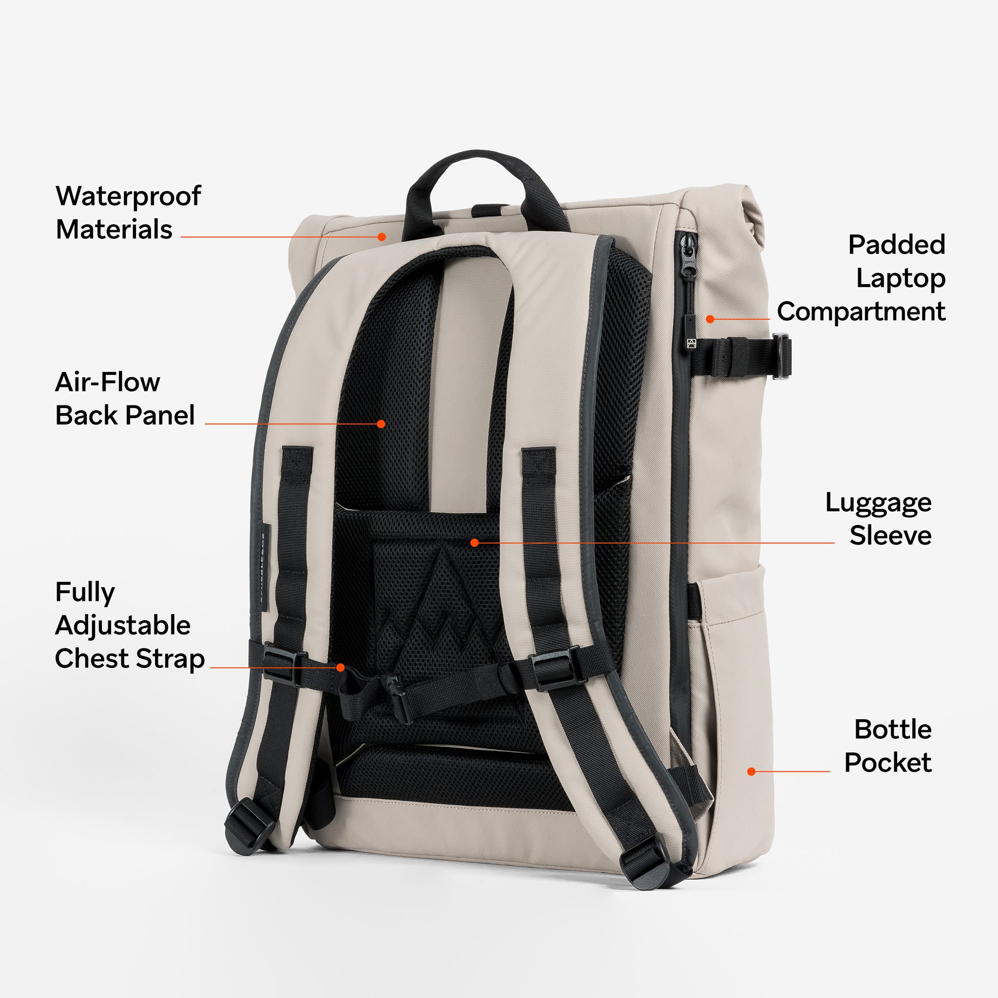 Back view of The Roll Top 20L backpack in Sand