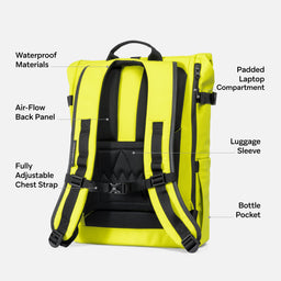 A studio shot of the back panel of the Roll Top 20L in Volt with features annotated