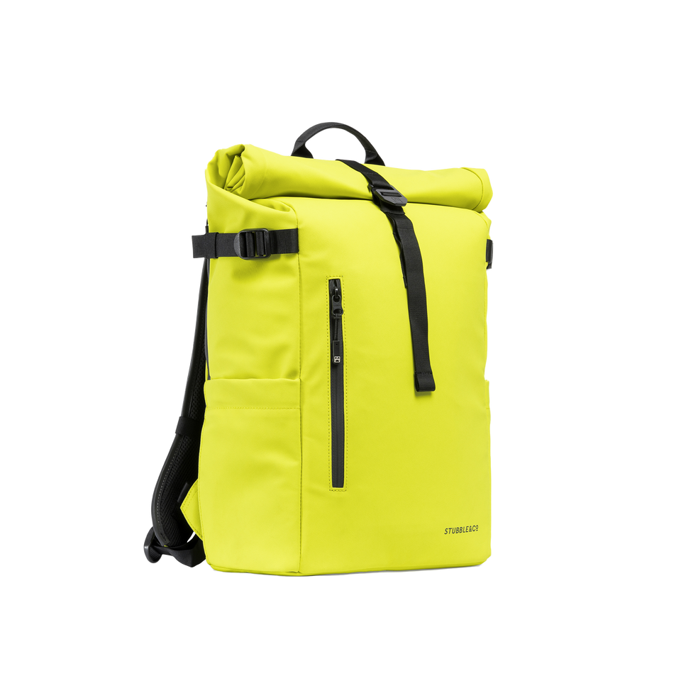 A studio shot of the front and side of a Roll Top 20L as cut out transparent PNG-  bright neon