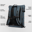 A  studio shot of the Roll Top 30l in Tasmin Blue showing the features annotated