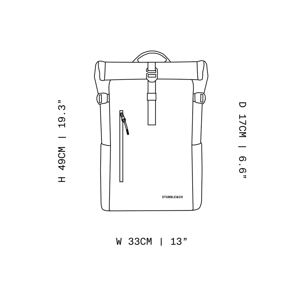 A sketch design of the Roll Top 30L with the dimensions annotated