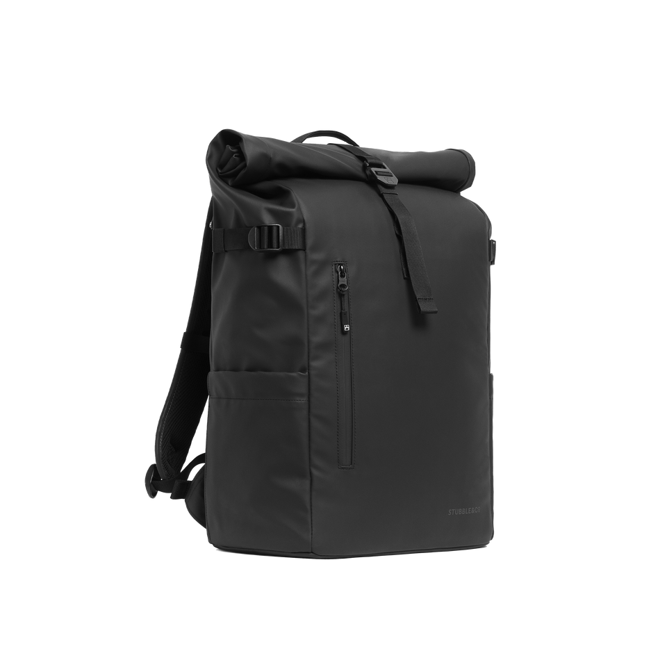 A studio shot of the front and side of a Roll Top 30L as cut out transparent PNG- black