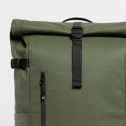 A close up of the g-hook and roll on the Urban Green Roll Top 30L