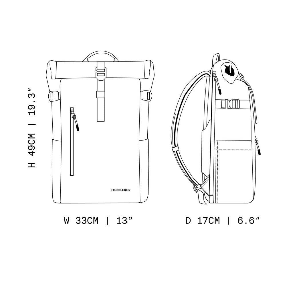 The dimensions in cm and inches for the height, width and depth on the Roll Top 30L