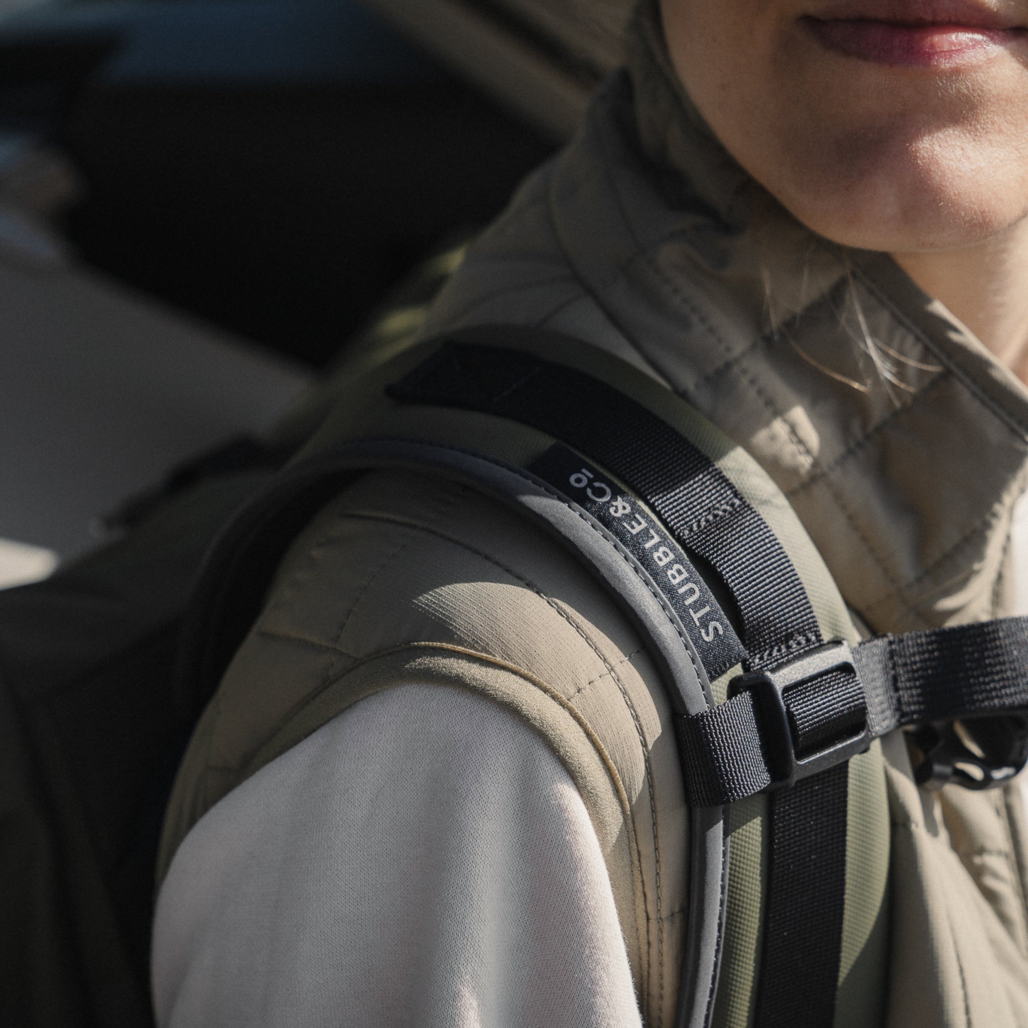 a close up of the shoulder straps on a roll top 15l in urban green - the travel project blog