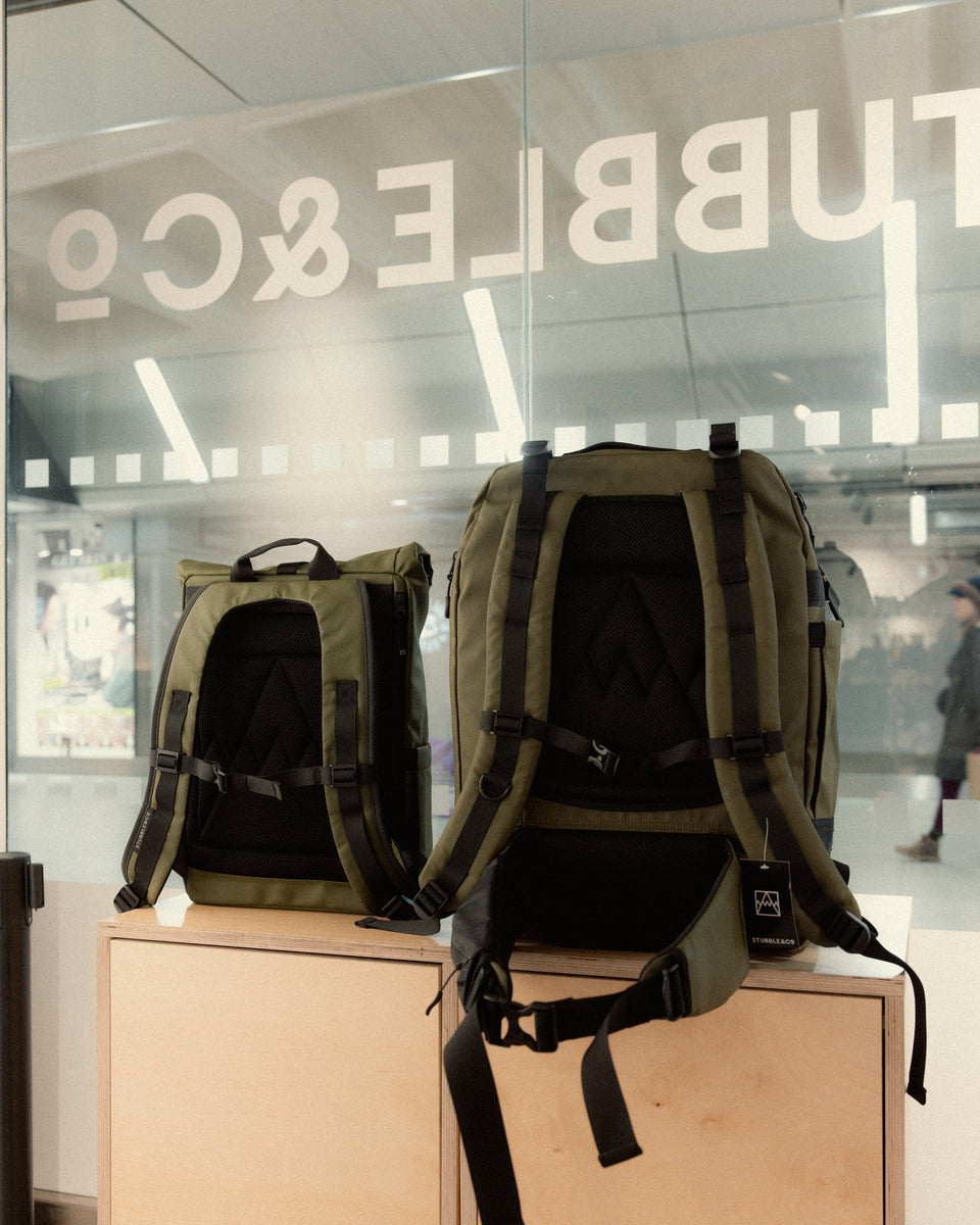 a Roll top and Adventure bag display at the Stubble & Co pop up shop