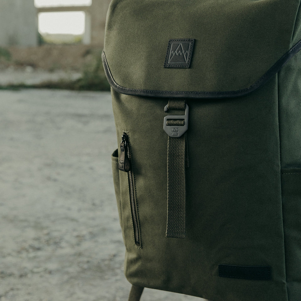 The Backpack in Olive green close up lifestyle