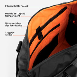 The Tote Bag in All Black inside compartments with the features annotated on