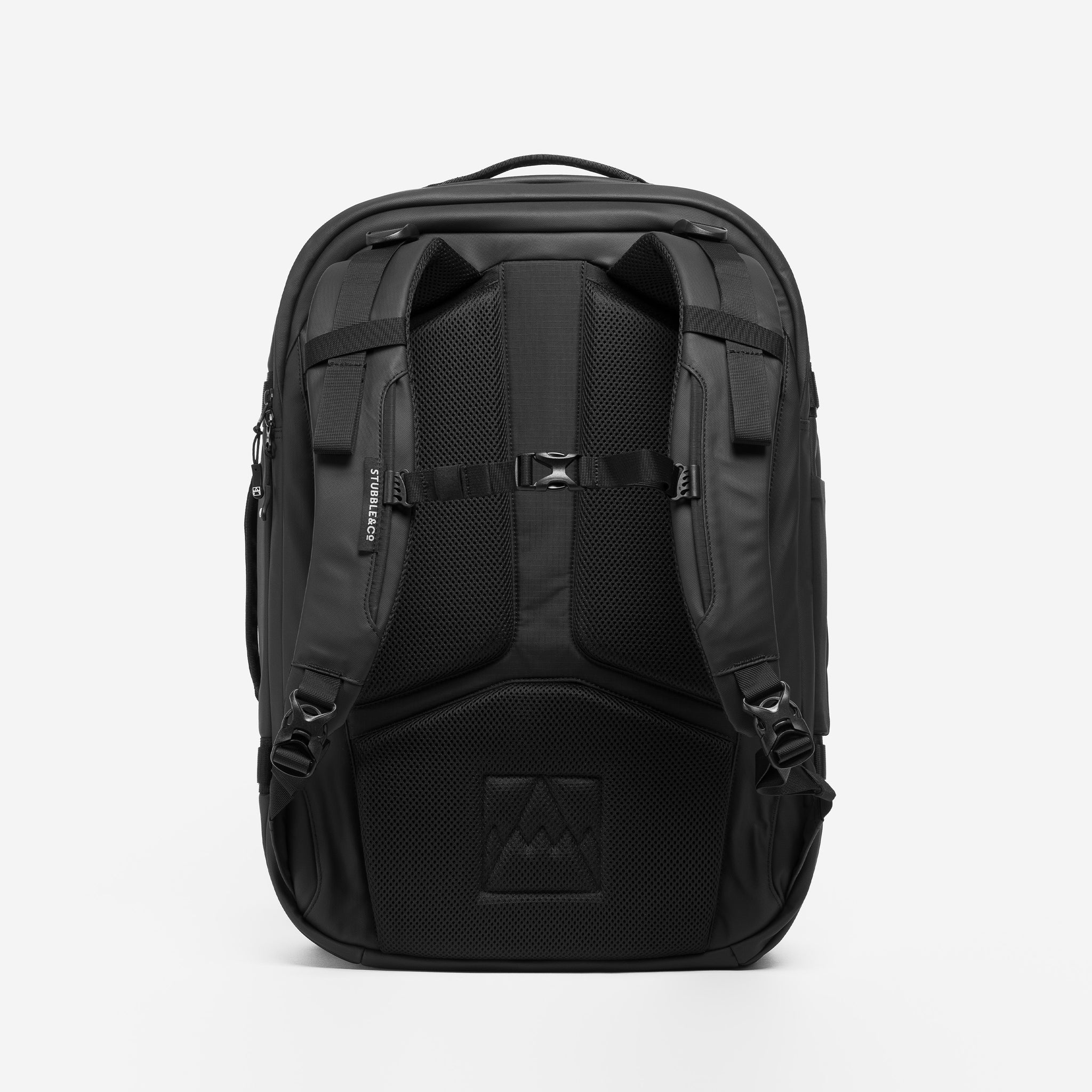 A studio shot of the back panel of a Travel Backpack 40L in All Black