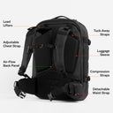 A studio shot of the Travel Backpack 40L in All Black showing the back panel with the feature annotated