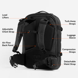 A studio shot of the Travel Backpack 40L in All Black showing the back panel with the feature annotated