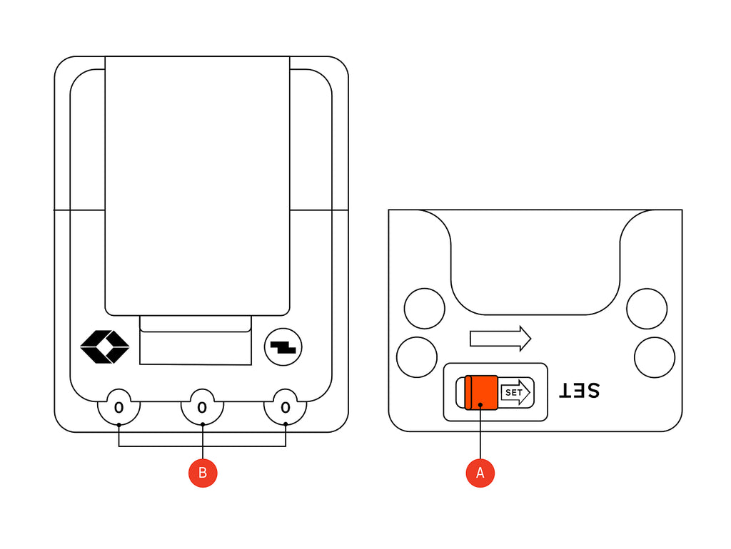 Technical line drawing showing two views of a suitcase tsa combination lock.