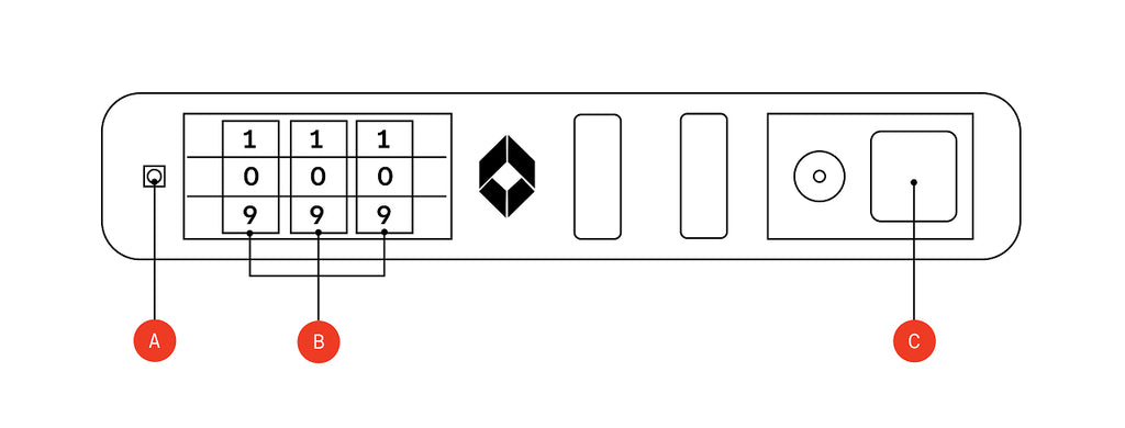 A technical line drawing of a device front panel on a plain white background.