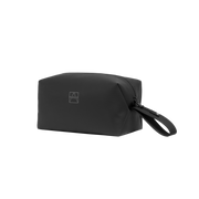 All Black Wash Bag with a black zip and carry strap.