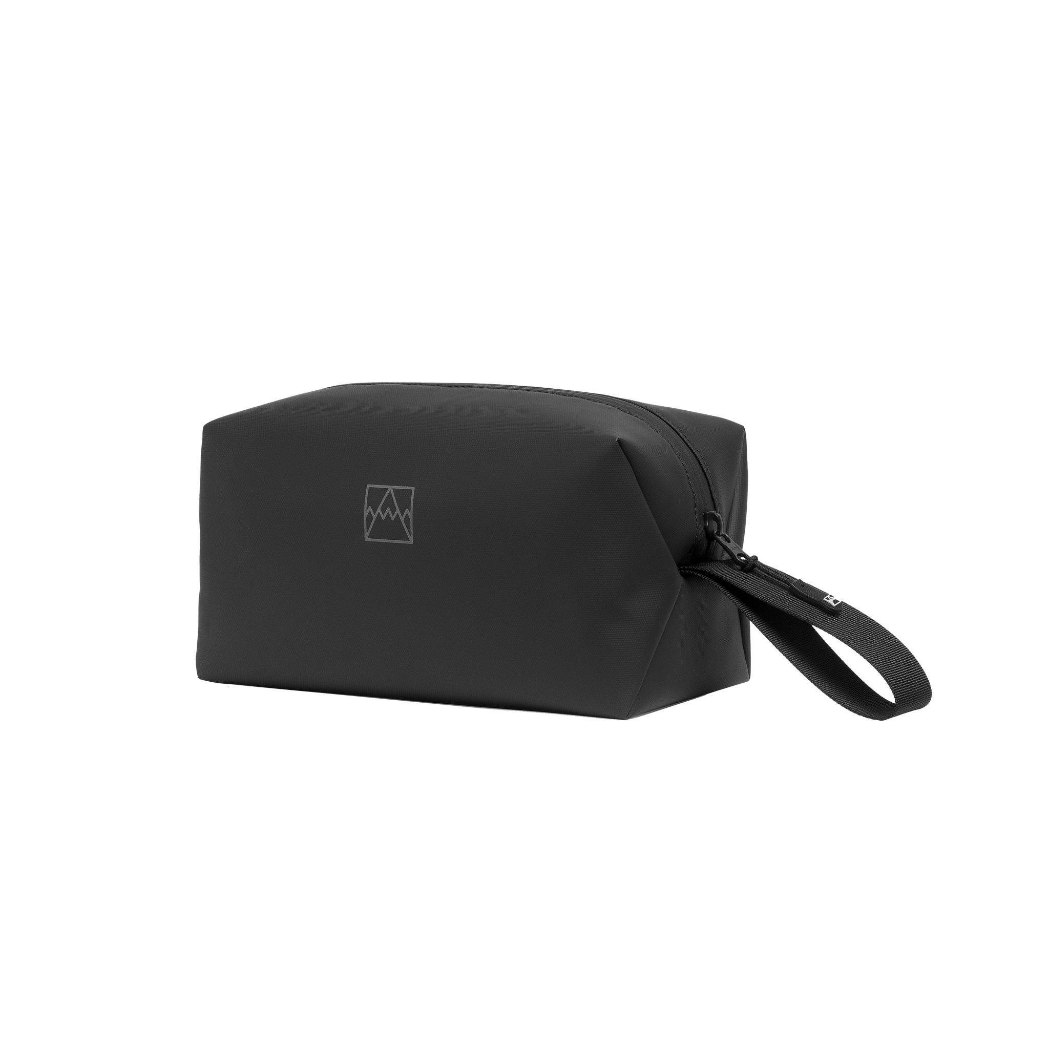 All Black Wash Bag with a black zip and carry strap.