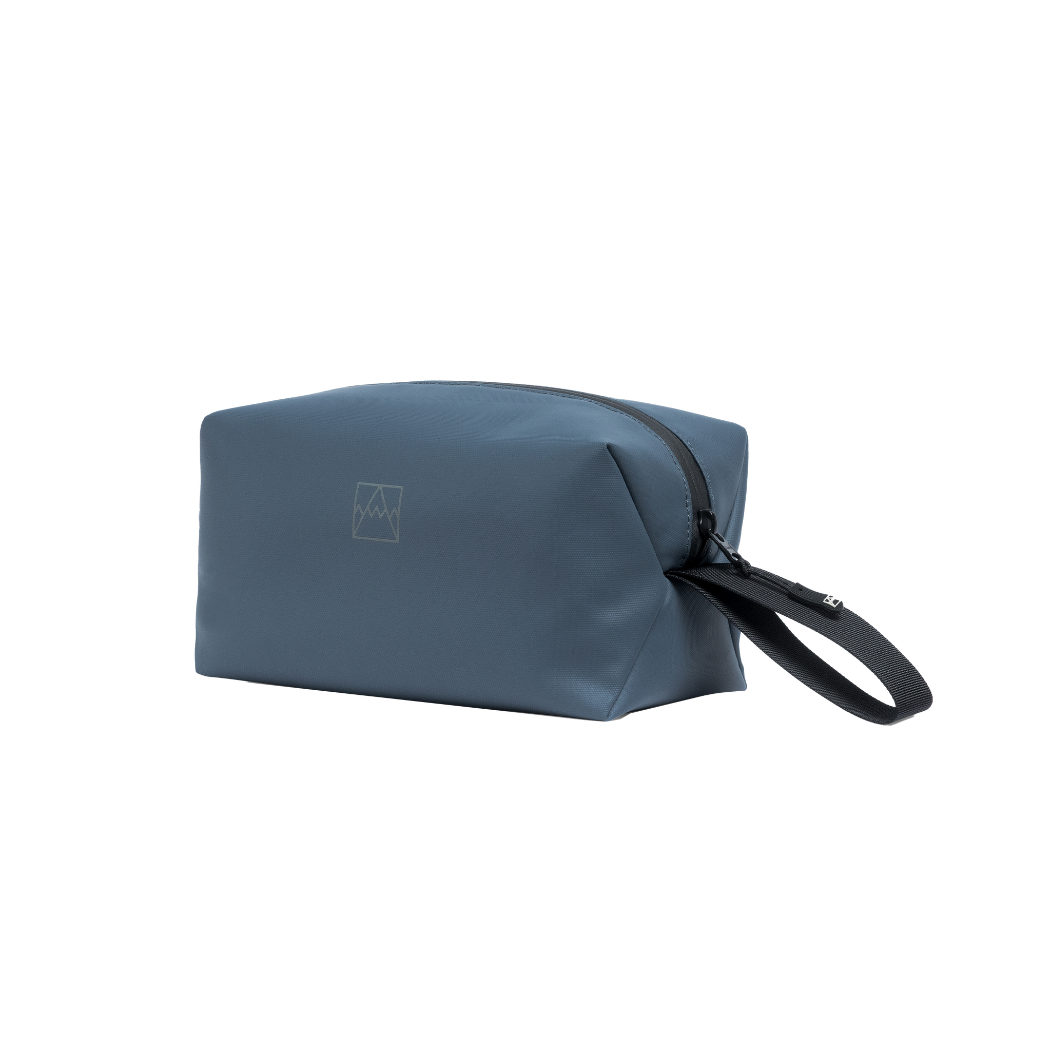 Tasmin Blue Wash Bag with a black zip and carry strap.