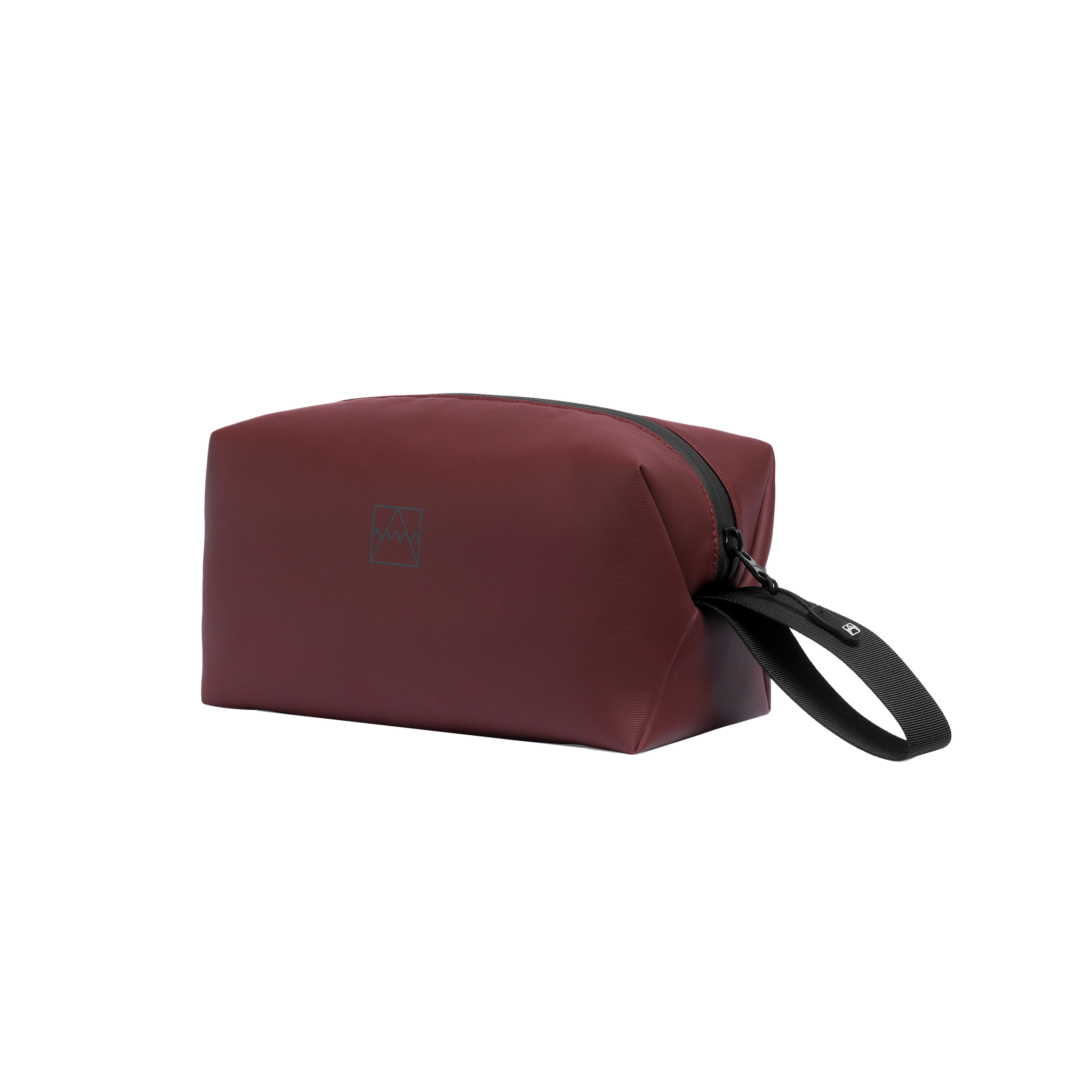 Garnet Red Wash Bag with a black zip and carry strap.