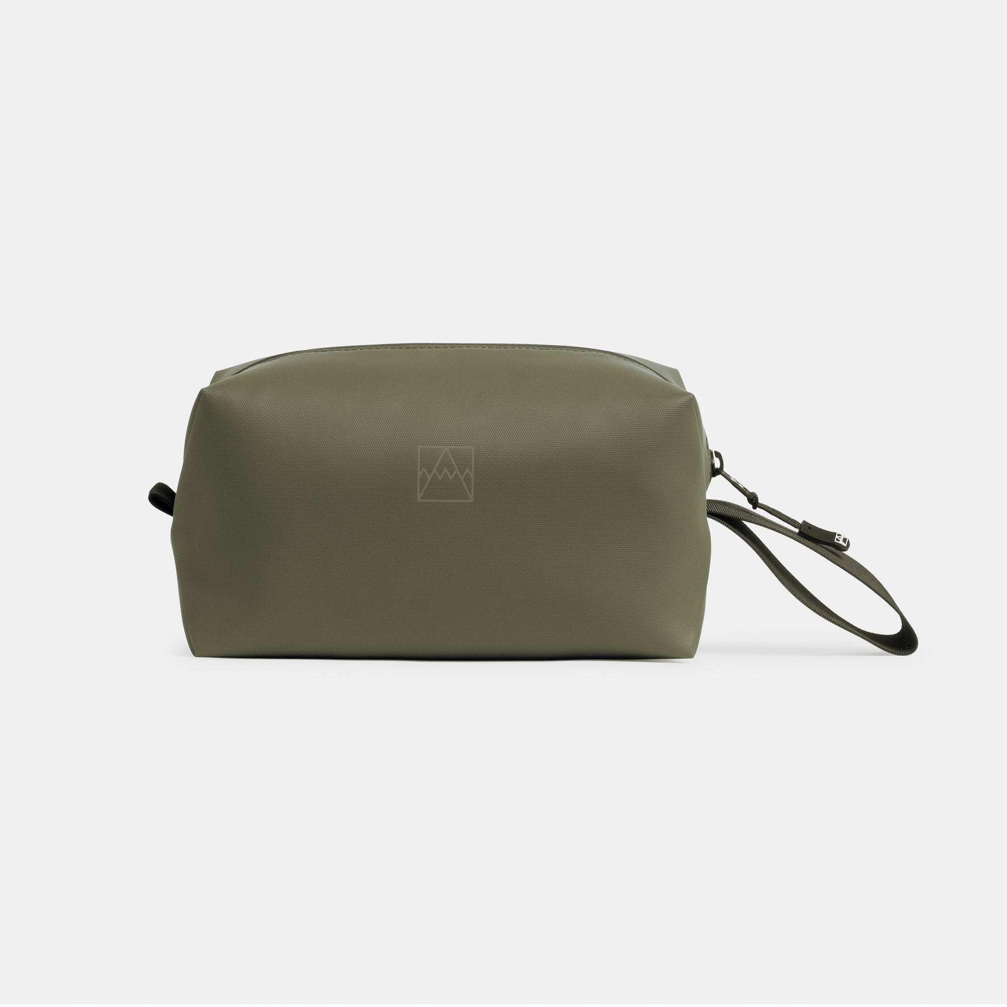 A studio shot of the front of the Urban Green Wash Bag showing the waterproof material, loop handle and reflective logo