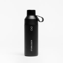 A studio shot of the water bottle by Stubble and Co and Ocean Bottle collaboration in Black