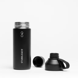 A studio shot of the water bottle by Stubble and Co and Ocean Bottle collaboration in Black