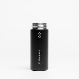 A studio shot of the water bottle by Stubble and Co and Ocean Bottle collaboration in Black