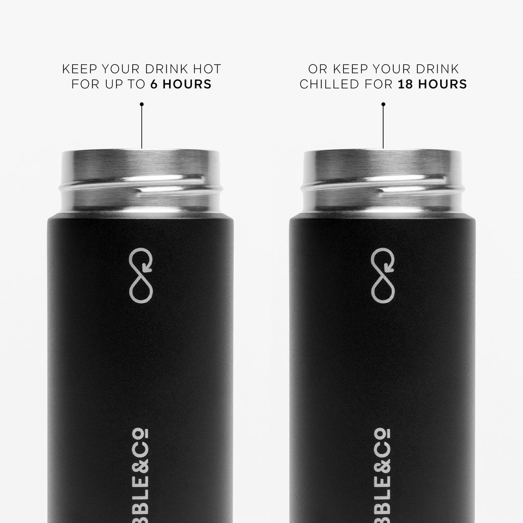 A annotated image of the Stubble and Co and Ocean Bottle collaboration in Black showing its features