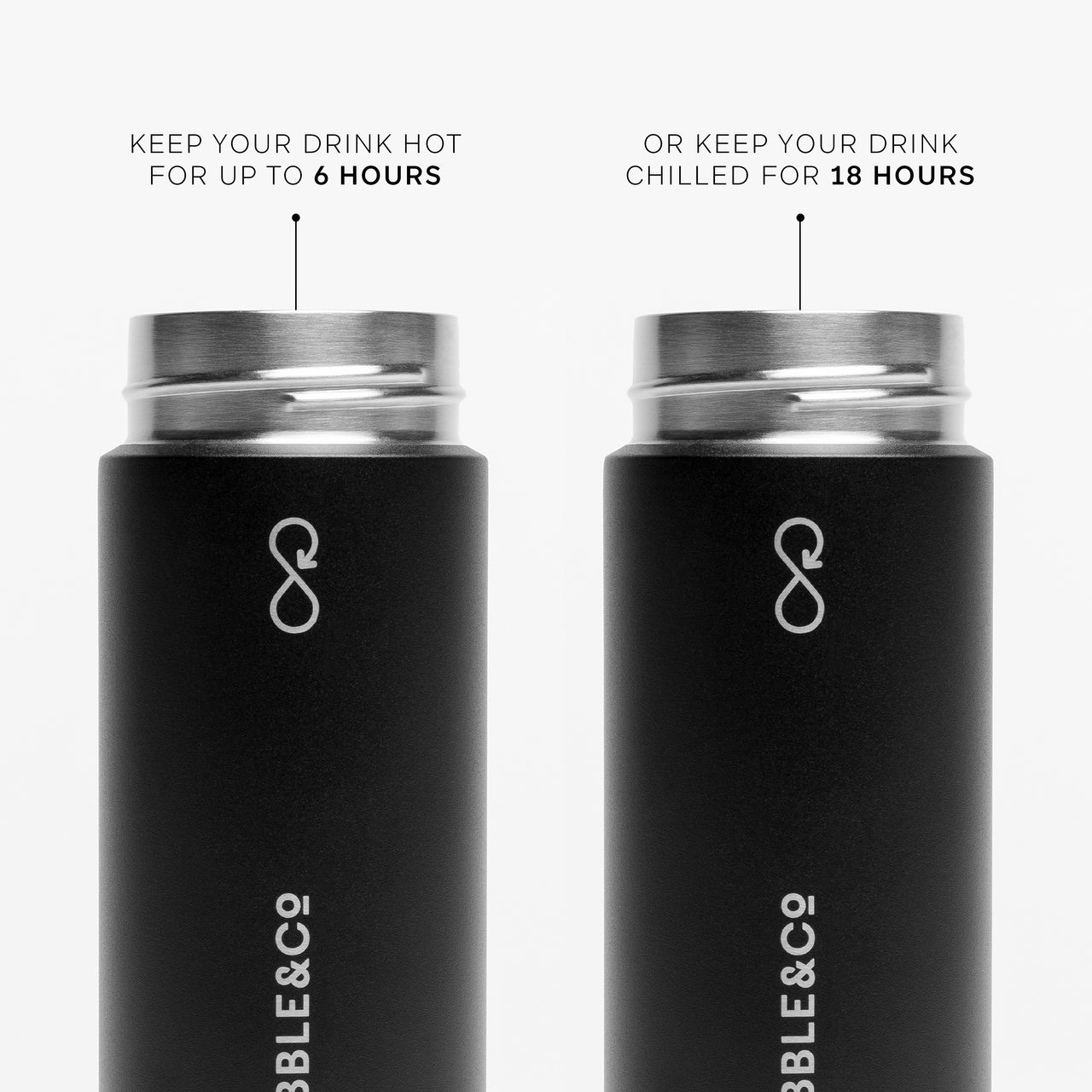 A annotated image of the Stubble and Co and Ocean Bottle collaboration in Black showing its features