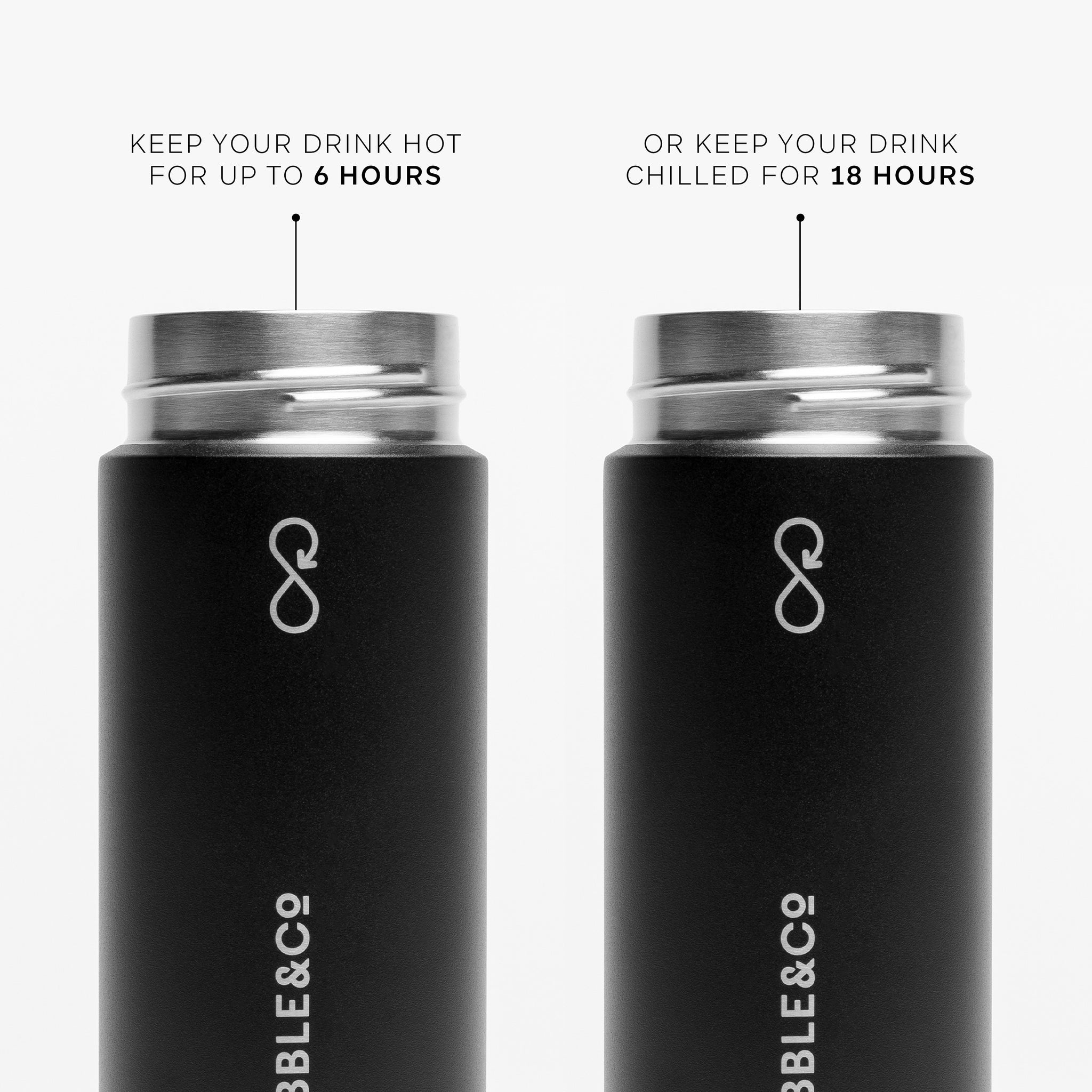 A annotated image of the Stubble and Co and Ocean Bottle collaboration in Black showing its features