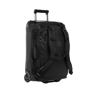 A studio shot of the front and side of an wheeled duffel 40l as cut out transparent PNG- black