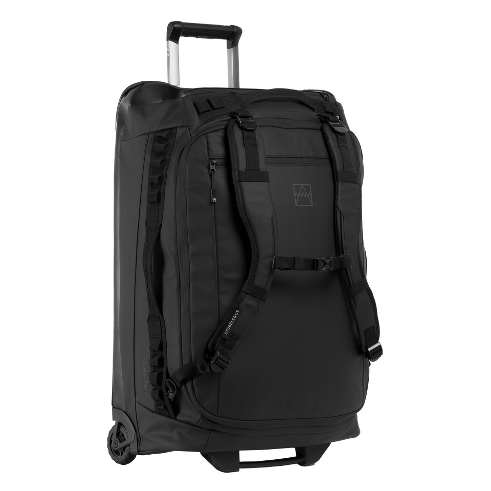A studio shot of the front and side of an wheeled kit bag 80l as cut out transparent PNG- black