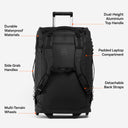 A studio shot of the All Black Wheeled Duffel 80L in All Black. The features are all annotated