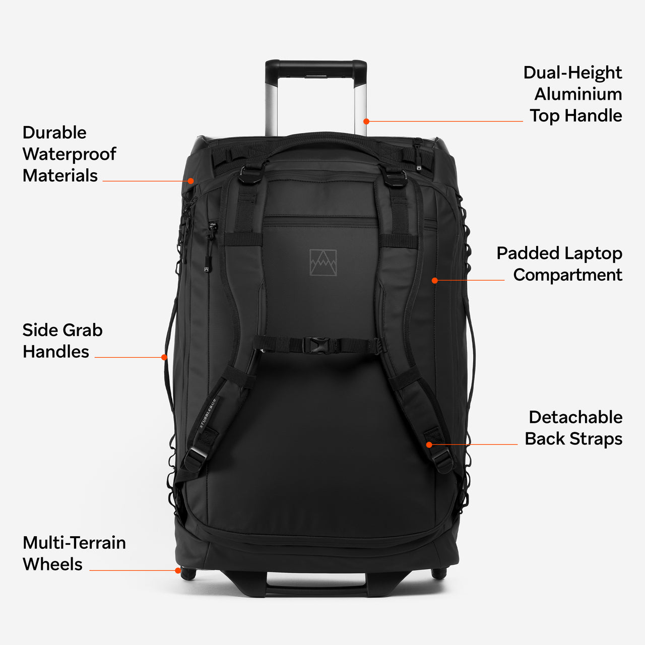 A studio shot of the All Black Wheeled Duffel 80L in All Black. The features are all annotated