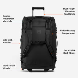 A studio shot of the All Black Wheeled Duffel 80L in All Black. The features are all annotated