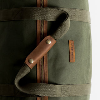 Studio shot close up of the top of The Weekender XL in Olive. 