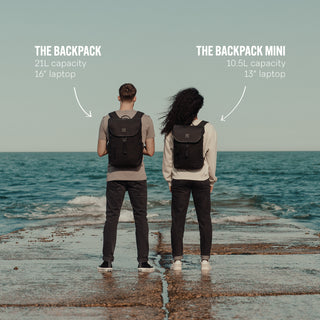Shot from the back, a man on the left wearing The Backpack, and a women on the right wearing The Backpack Mini. Looking out to sea.