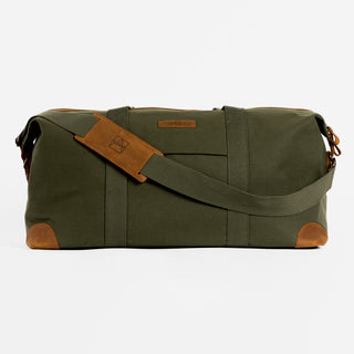Product shot of The Weekender in Olive from the front with the strap in front.
